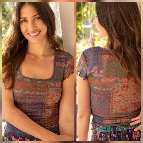 NATURAL LIFE DEVON MESH SHORT SLEEVE TOP IN VINTAGE PATCHWORK PRINT SMALL - Picture 1 of 4